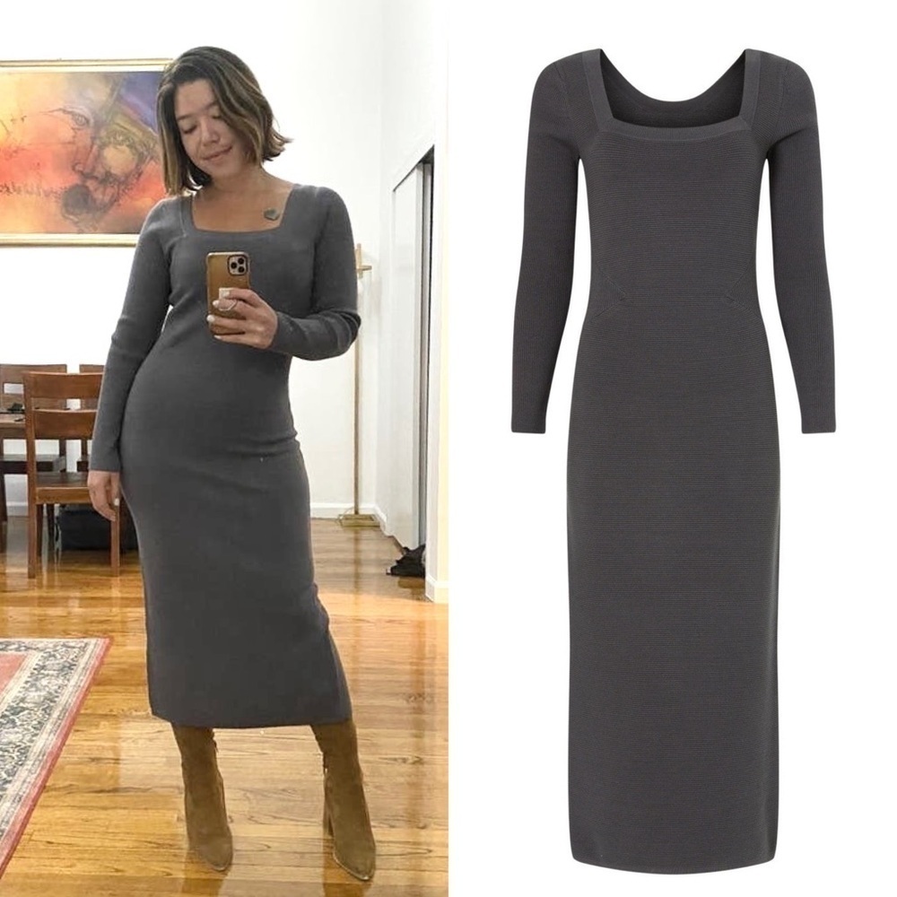 TOCCIN 90s Charcoal Rib Knit Square Neck Long Sleeve Midi Sheath Sweater Dress M - Picture 4 of 6
